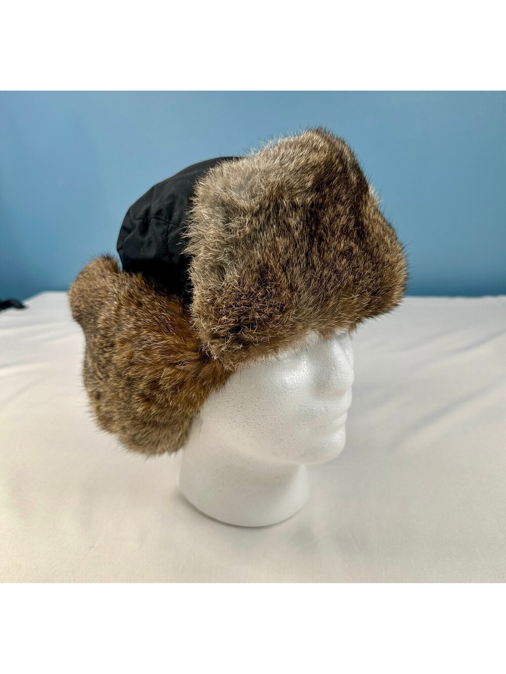 Columbia Black Natural Rabbit Fur Trapper Aviator Winter Hat Unisex Size Medium